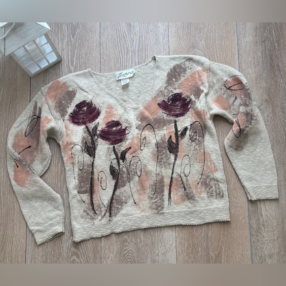 Vintage Victoria Sweater One Size Made in USA Floral Painted Cotton Pullover 90s - Picture 3 of 9